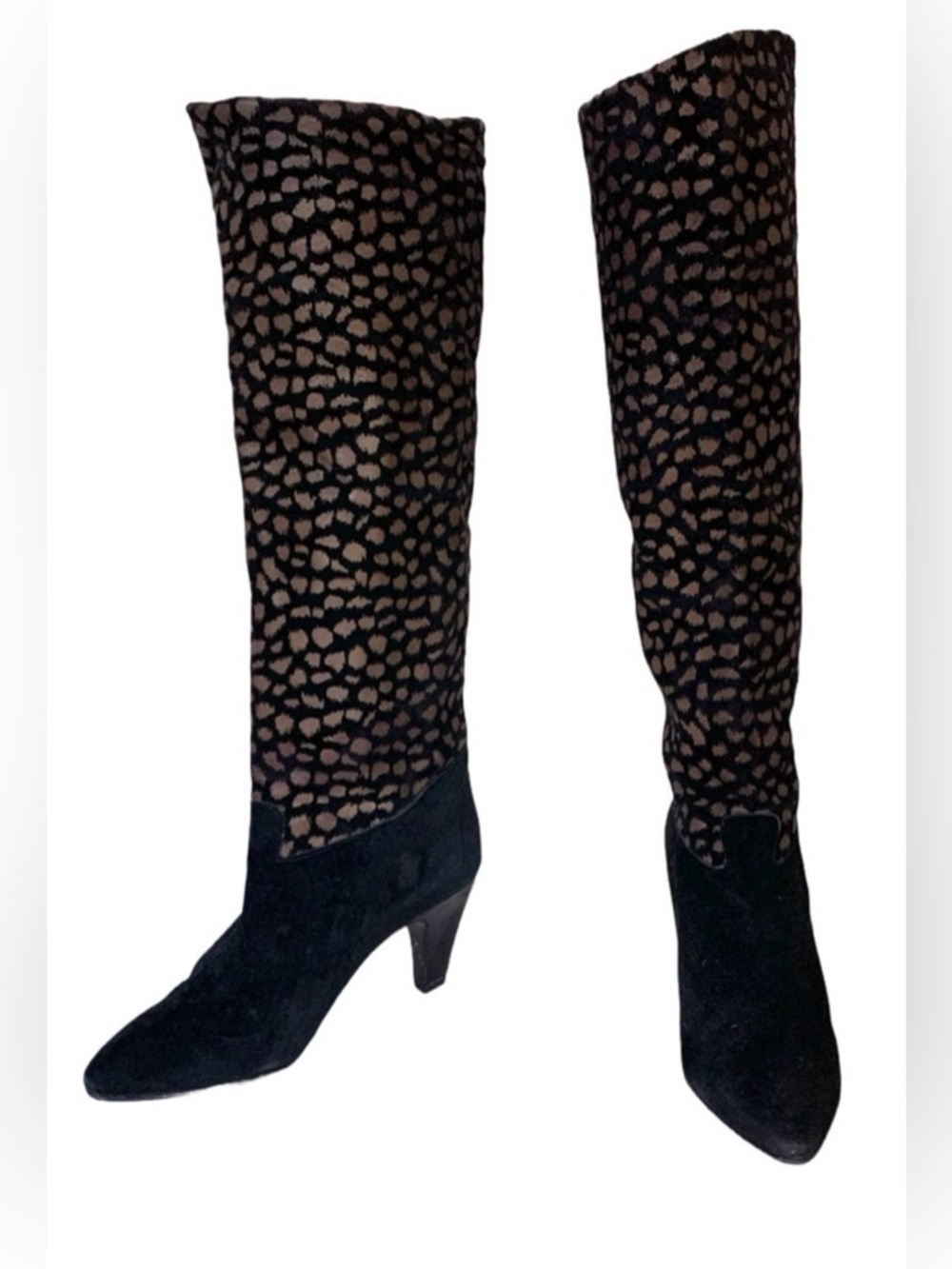 NINA BLACK & BROWN SPOTTED GENUINE SUEDE PULL ON KNEE HIGH BOOTS (5.5)